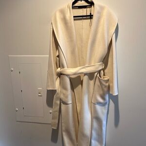 Tahari Cream Belted Long Cardigan coat with free matching scarf
